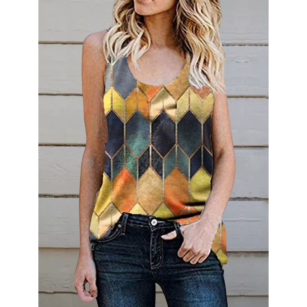 Geometric Argyle Print Crew Neck Sleeveless Tank Top