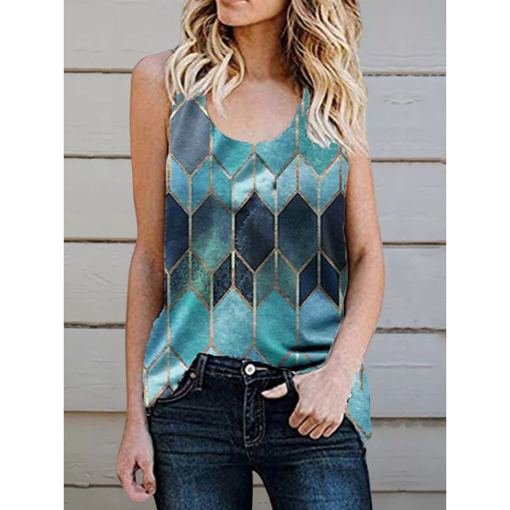 Geometric Argyle Print Crew Neck Sleeveless Tank Top