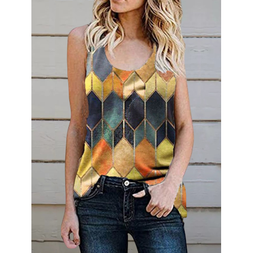 Geometric Argyle Print Crew Neck Sleeveless Tank Top