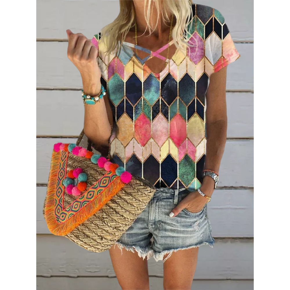 Geometric Argyle Print Short Sleeve Crew Neck Casual T-Shirt