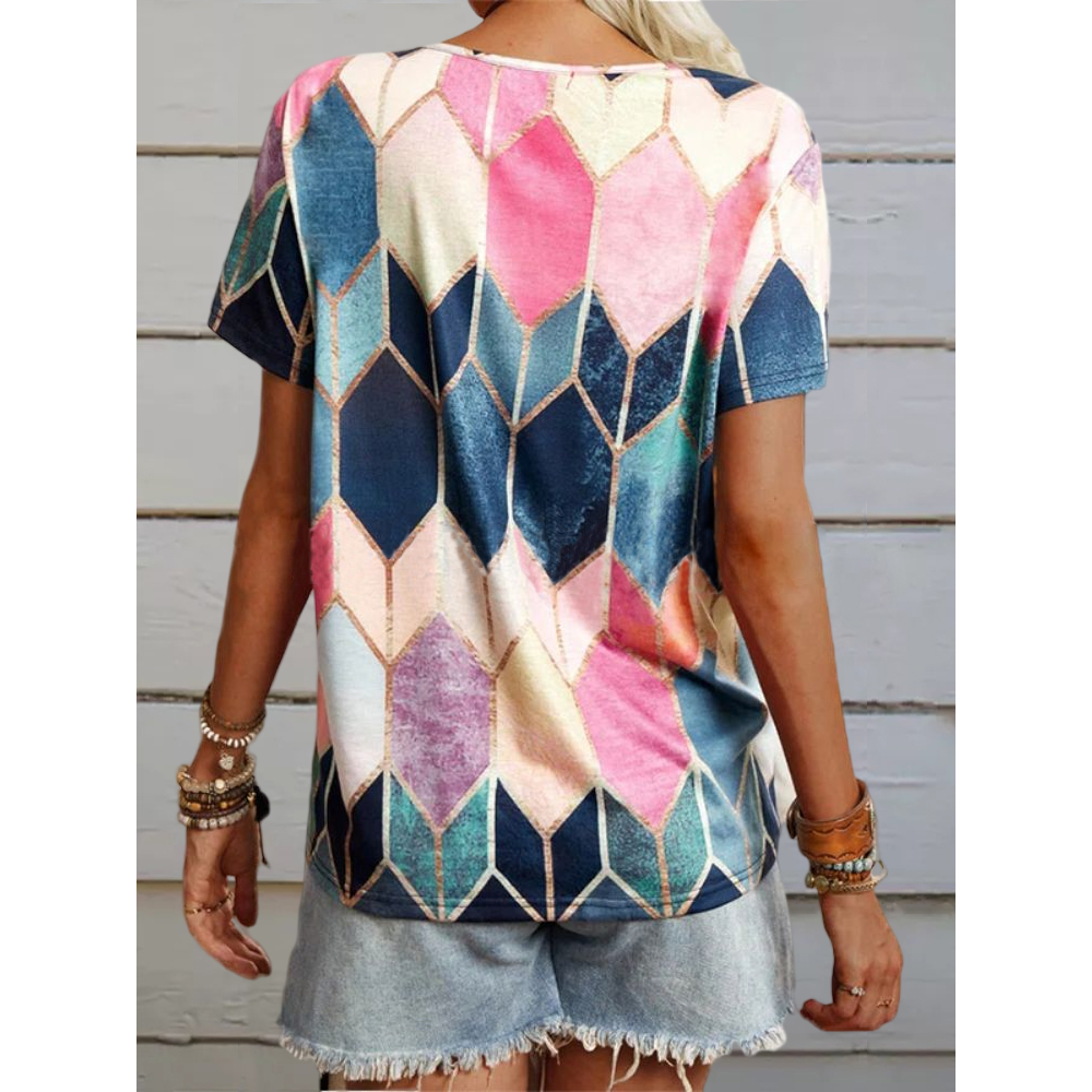 Geometric Argyle Print Short Sleeve Crew Neck Casual T-Shirt
