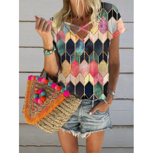 Geometric Argyle Print Short Sleeve Crew Neck Casual T-Shirt