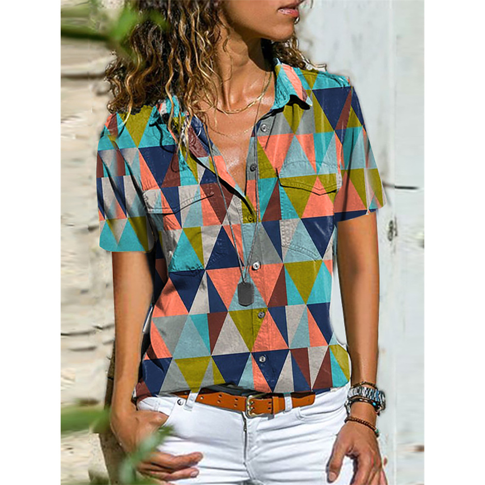 Geometric Art Flap Pocket Short Sleeve Blouse
