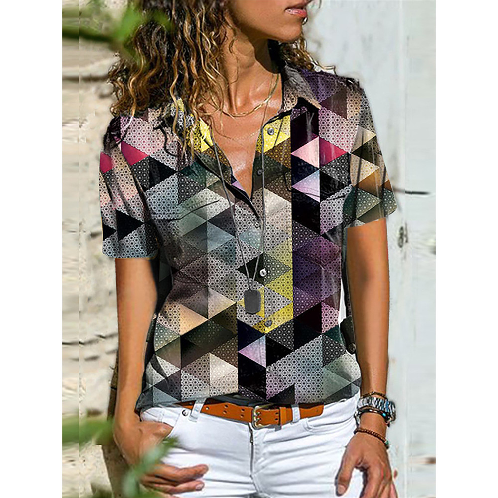 Geometric Art Flap Pocket Short Sleeve Blouse