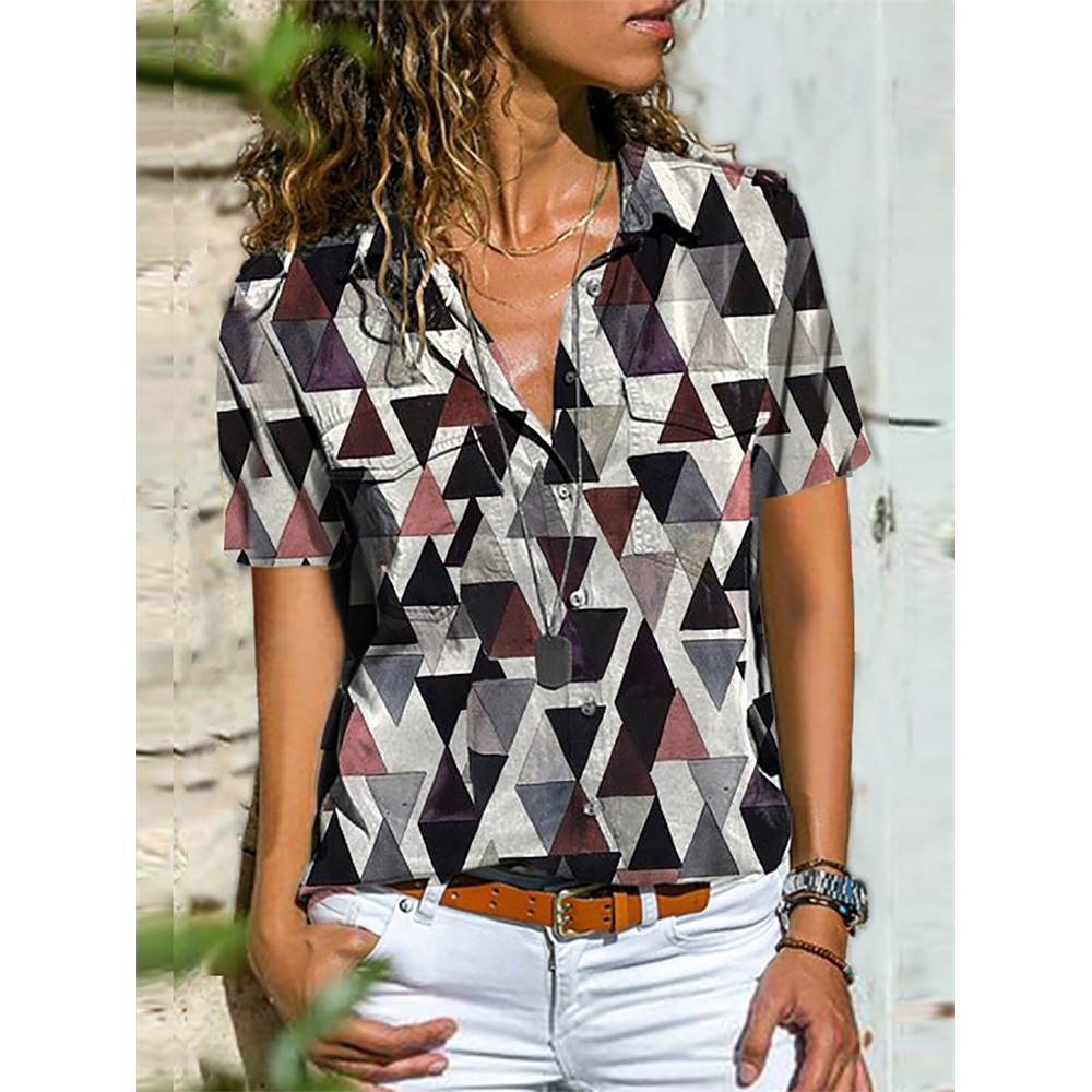 Geometric Art Flap Pocket Short Sleeve Blouse