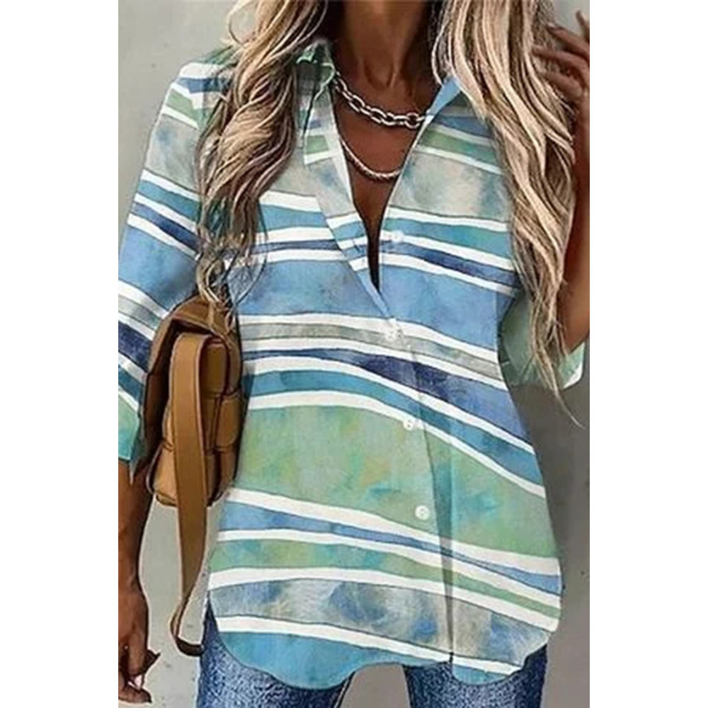 Geometric Color Block Lapel Long Sleeve Casual Shirt