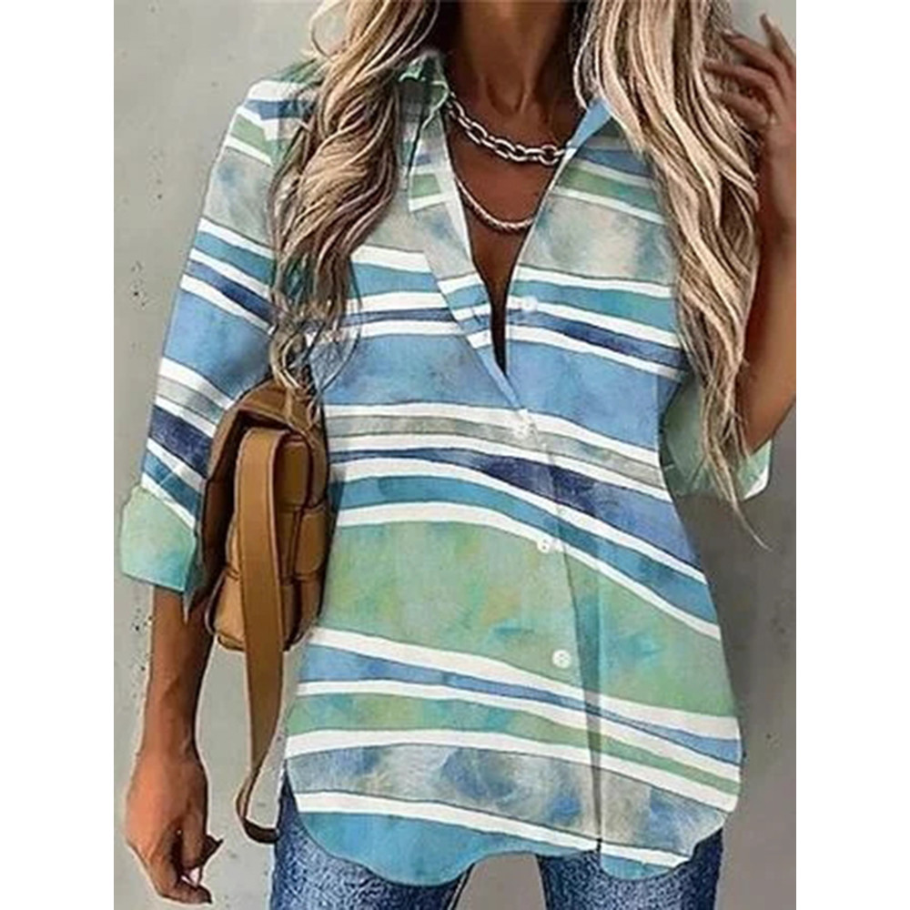 Geometric Color Block Lapel Long Sleeve Casual Shirt
