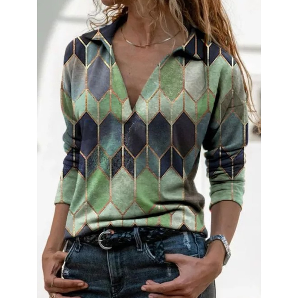 Geometric Diamond Print V-Neck Long Sleeve Casual T-Shirt