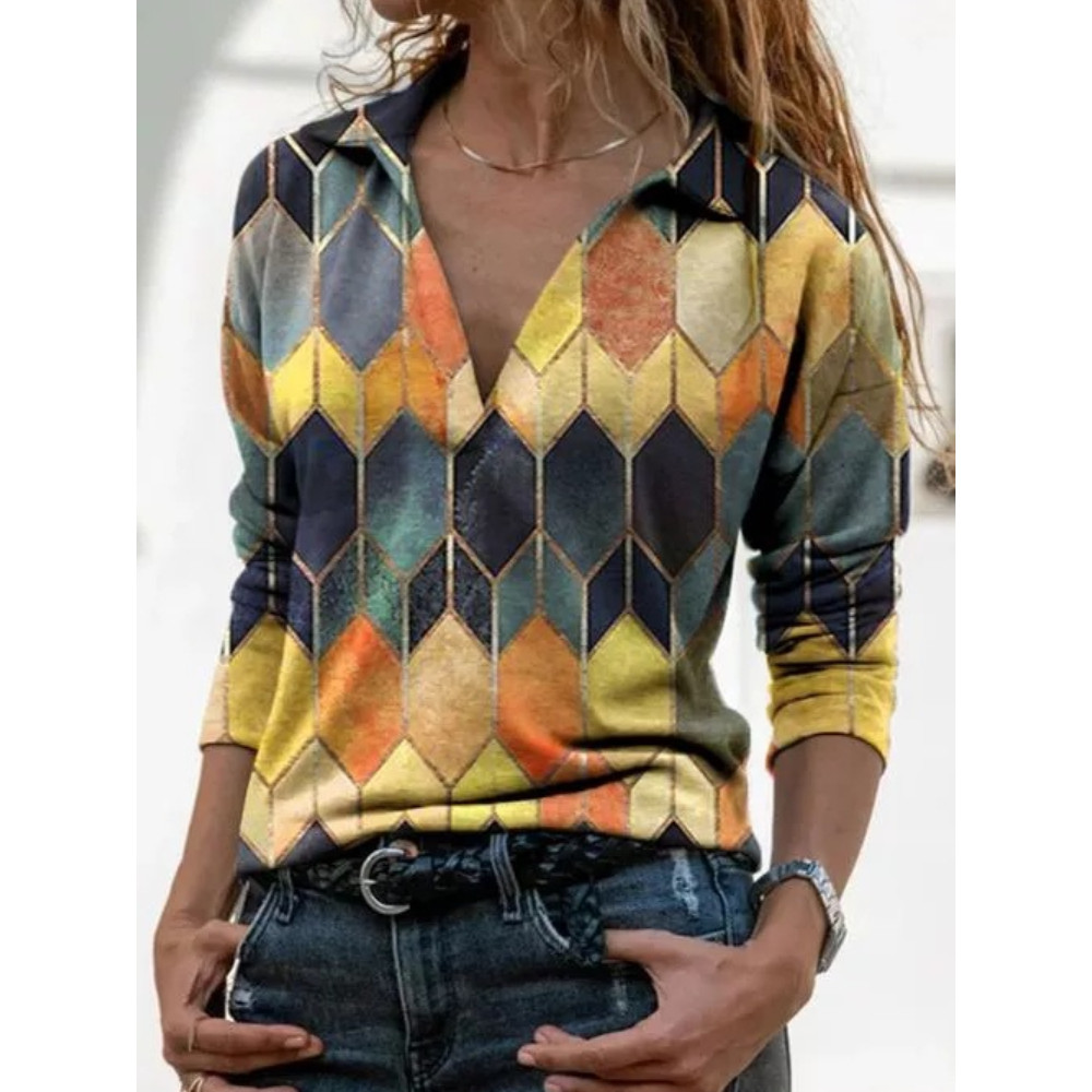 Geometric Diamond Print V-Neck Long Sleeve Casual T-Shirt