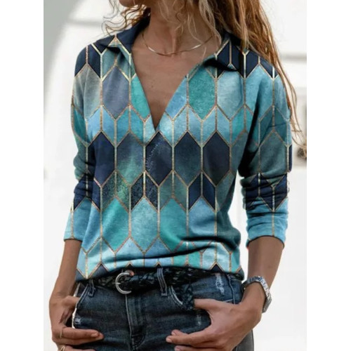 Geometric Diamond Print V-Neck Long Sleeve Casual T-Shirt