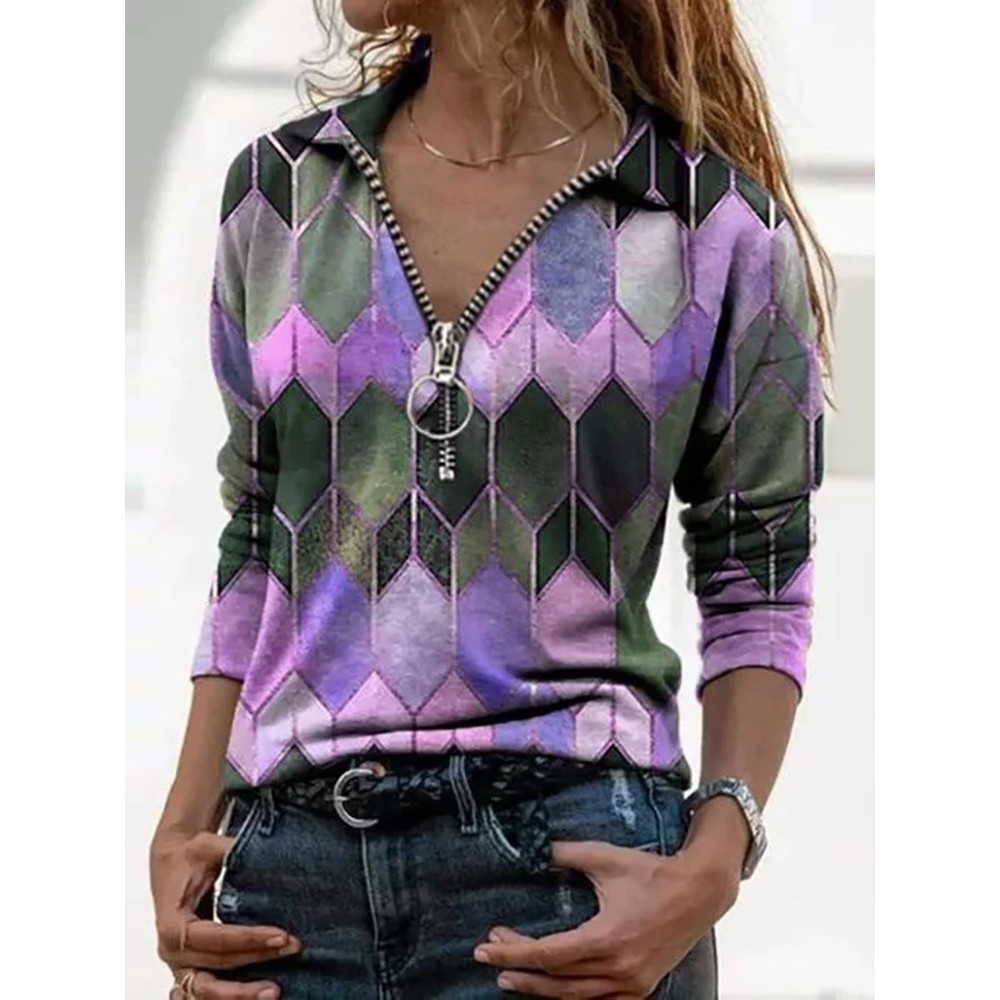 Geometric Diamond Print Zip V-Neck Long Sleeve Casual T-Shirt