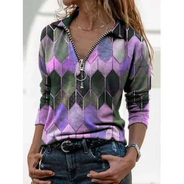 Geometric Diamond Print Zip V-Neck Long Sleeve Casual T-Shirt