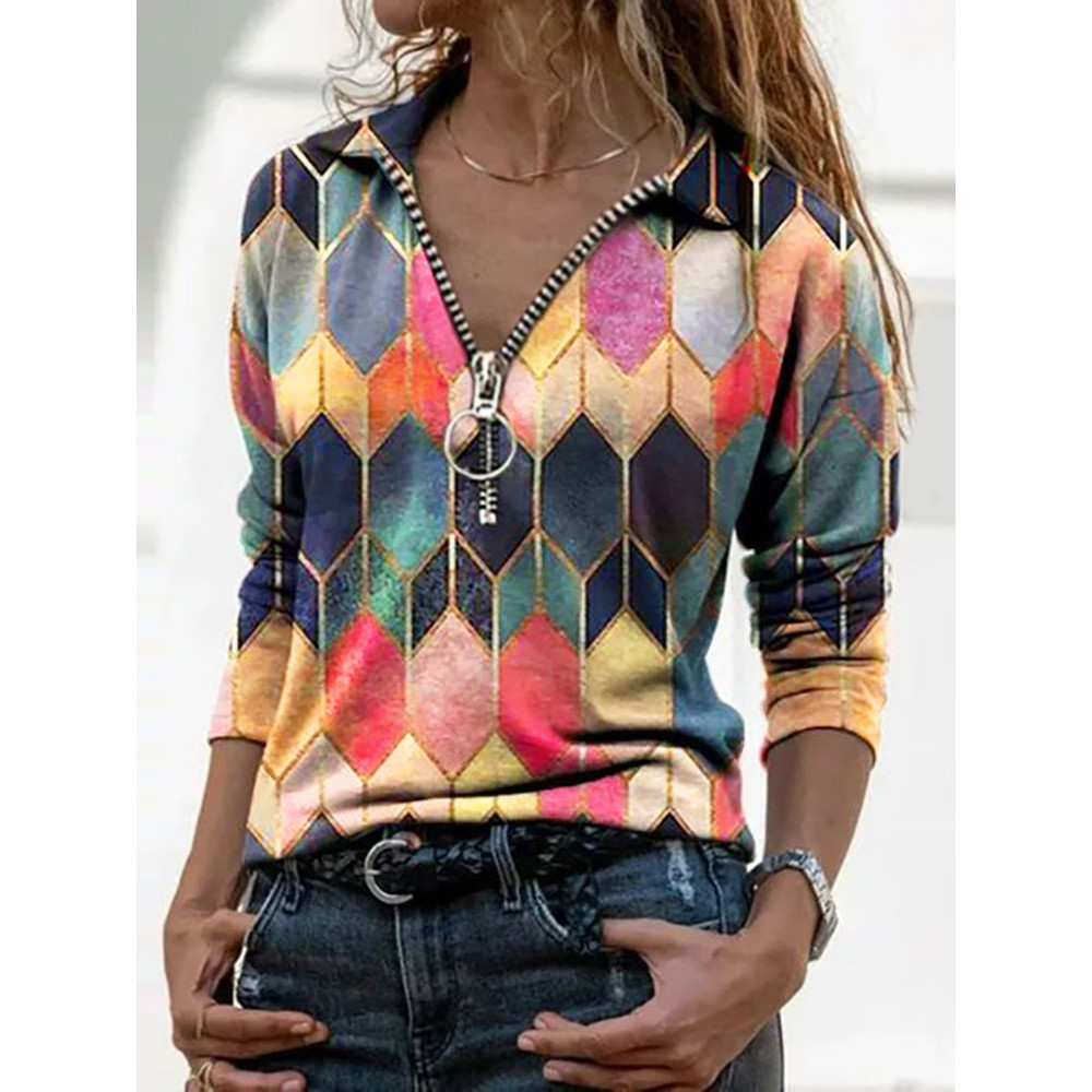 Geometric Diamond Print Zip V-Neck Long Sleeve Casual T-Shirt