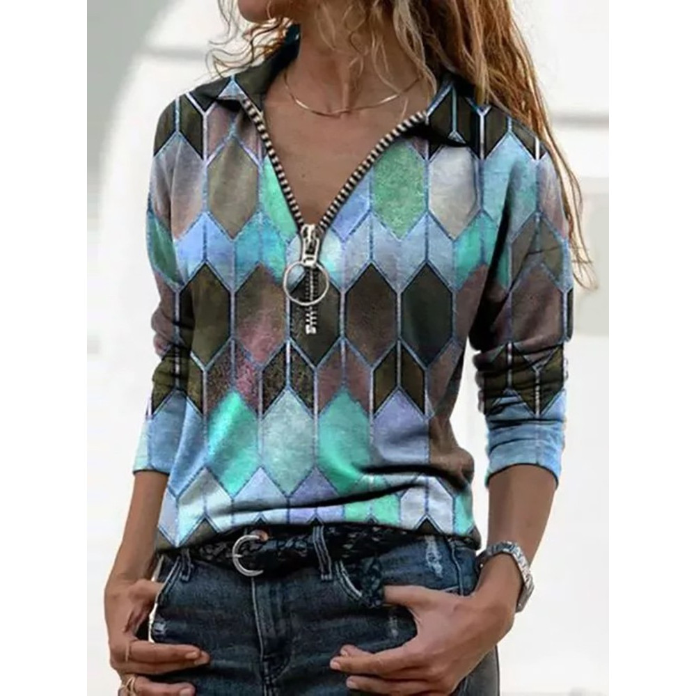 Geometric Diamond Print Zip V-Neck Long Sleeve Casual T-Shirt
