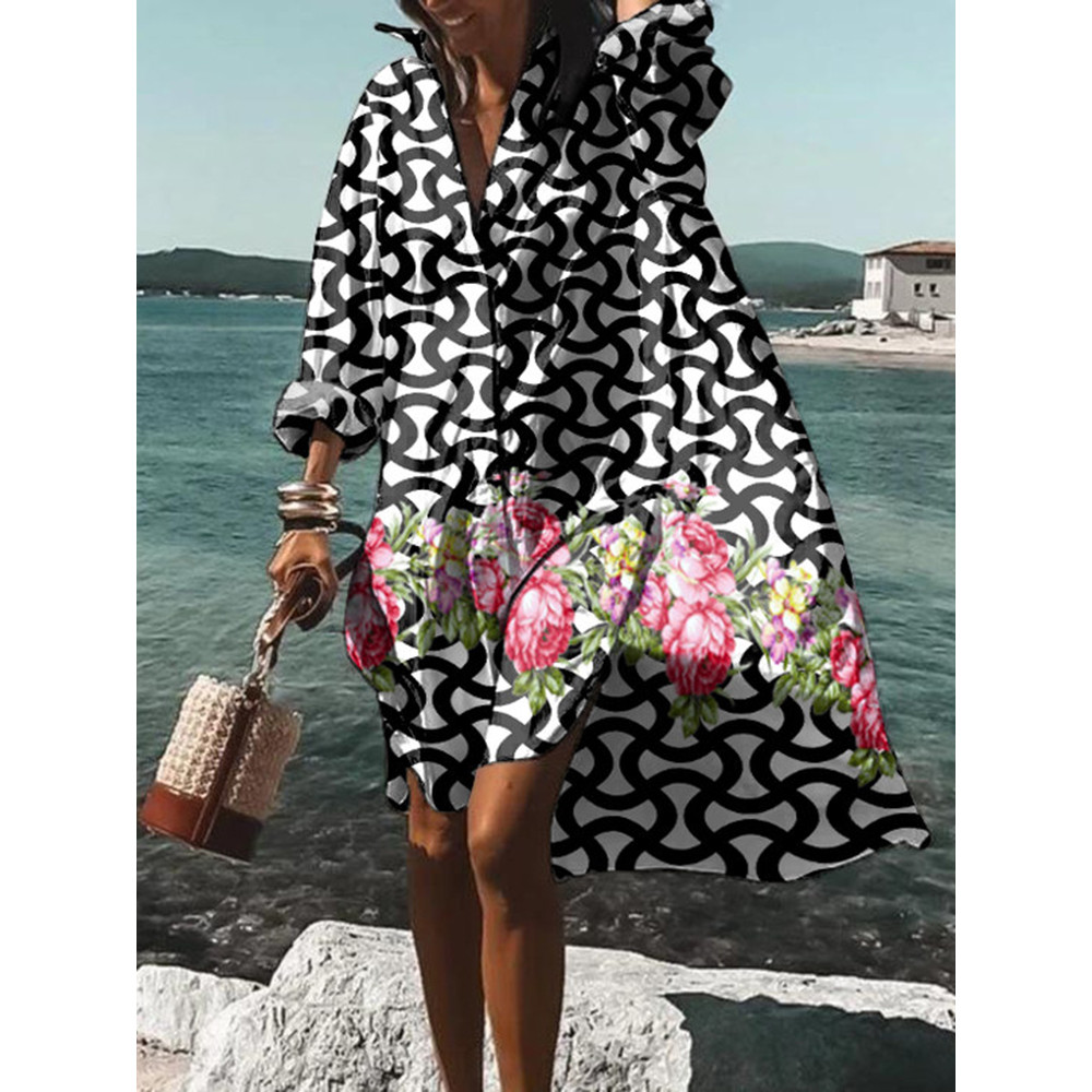 Geometric Floral Print Casual Midi Dress
