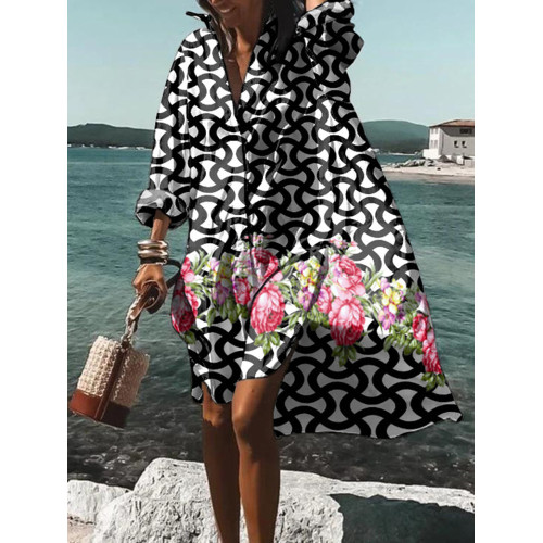Geometric Floral Print Casual Midi Dress