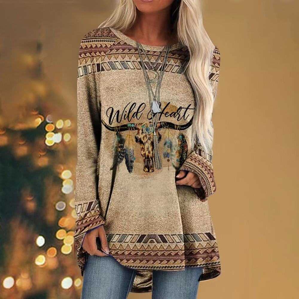 Geometric Letter Tribal Print Long Sleeve Tunic