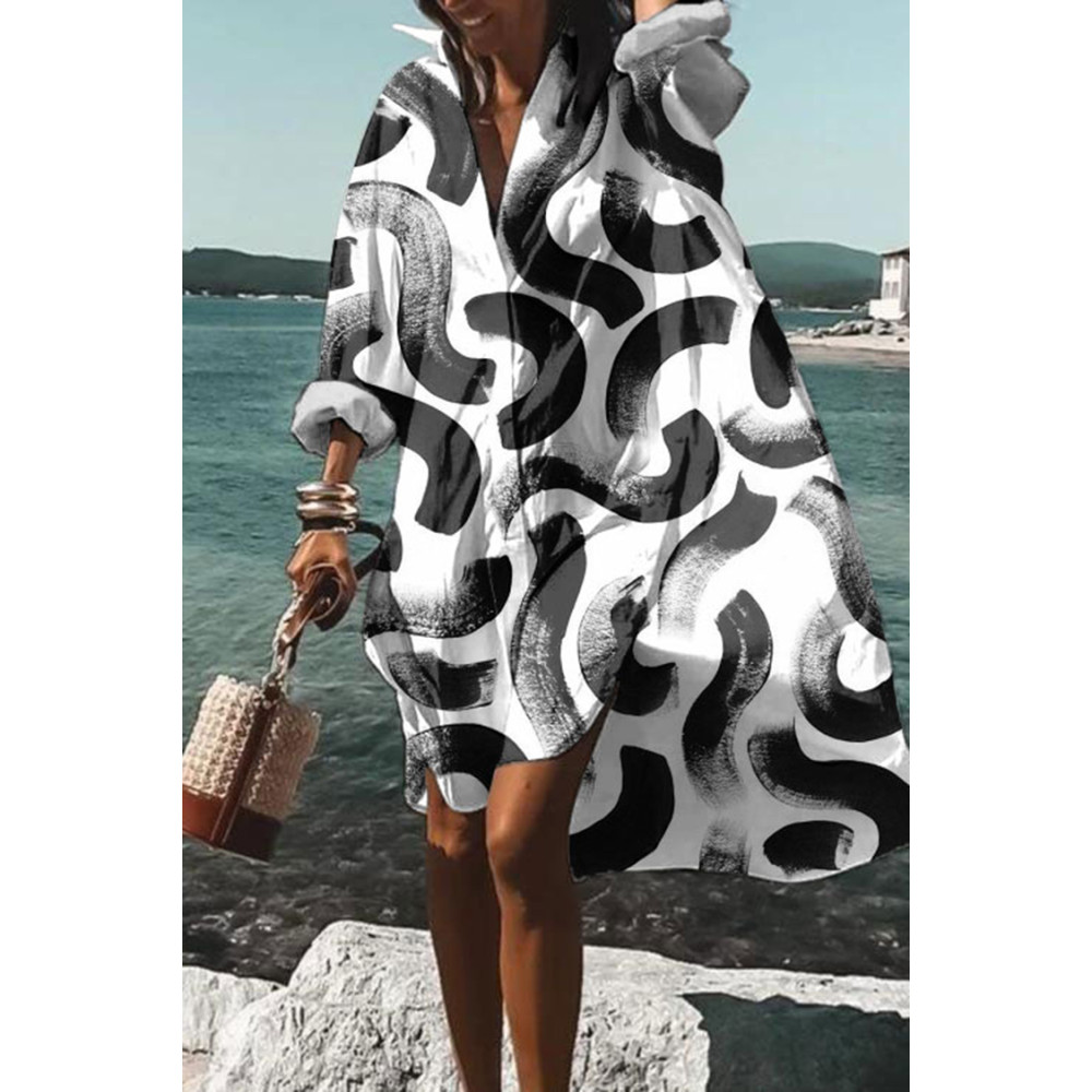 Geometric Line Print Long Sleeve Midi Dress