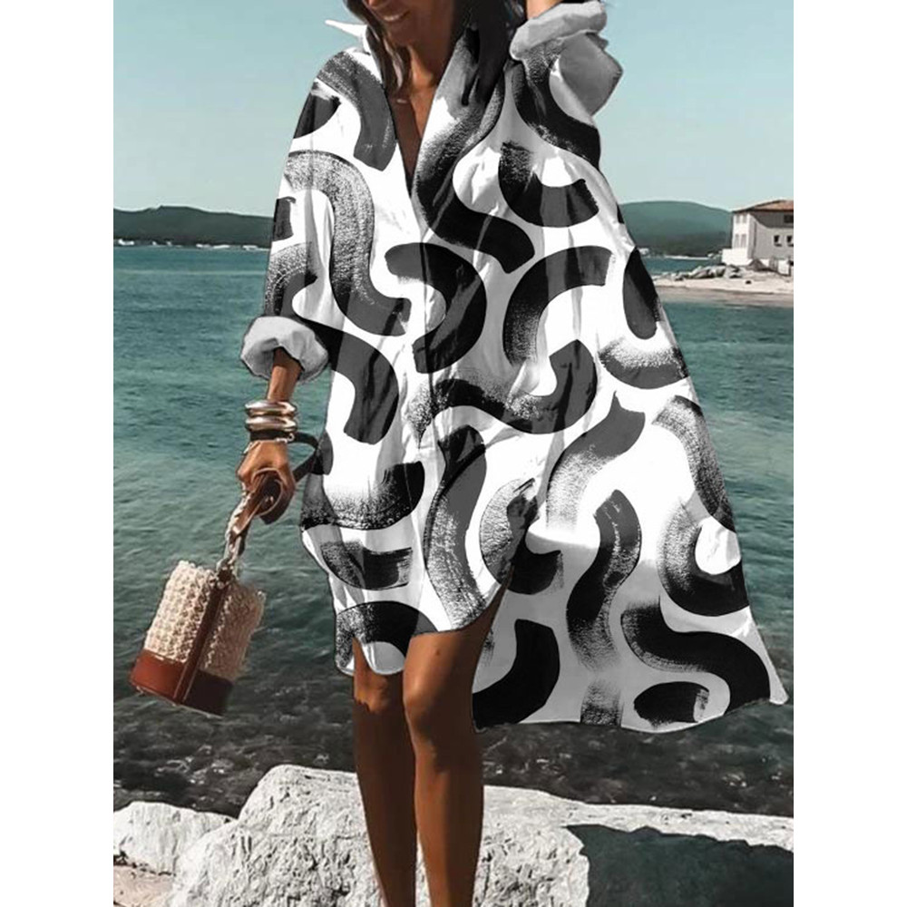 Geometric Line Print Long Sleeve Midi Dress