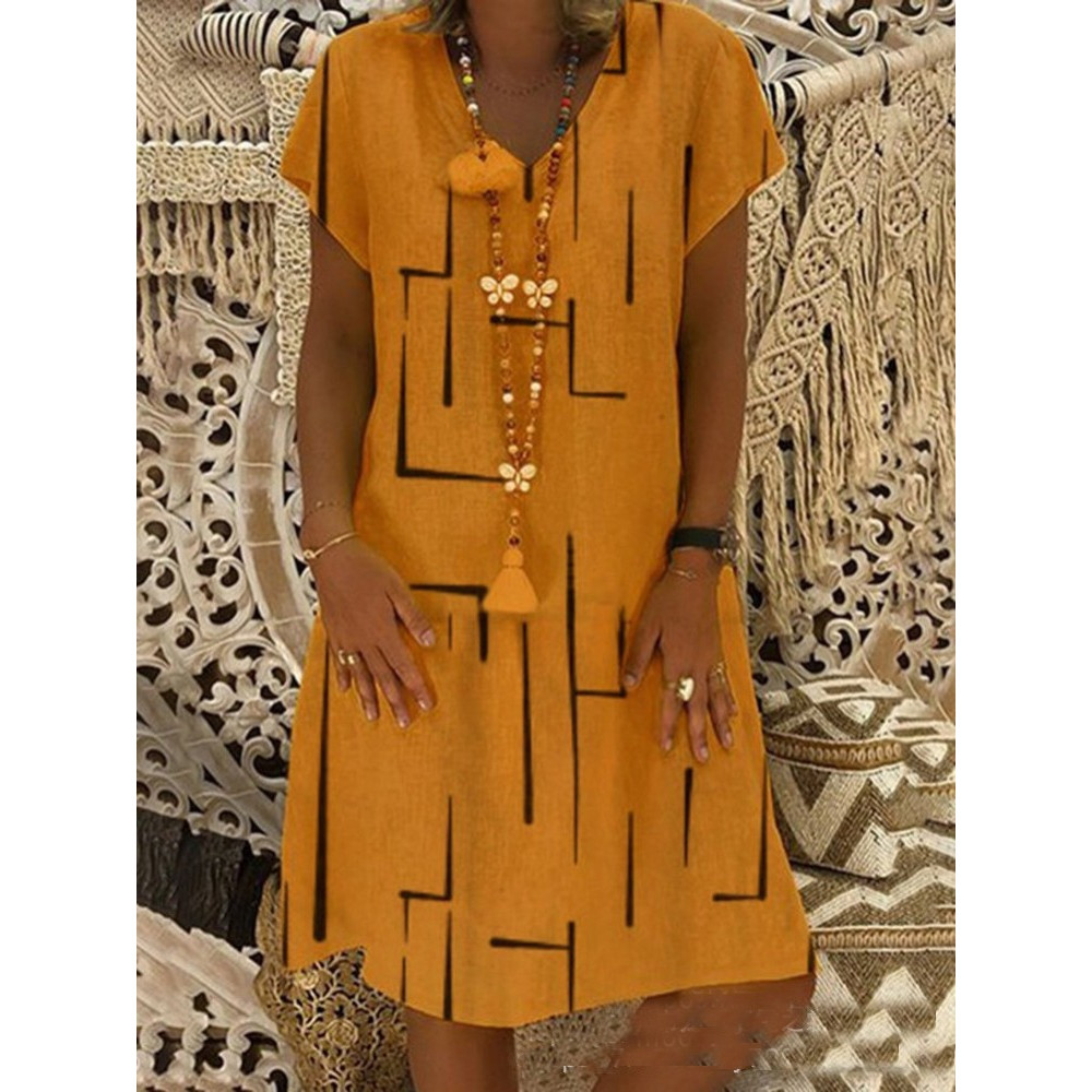 Geometric Pattern V Neck A Line Midi Dress