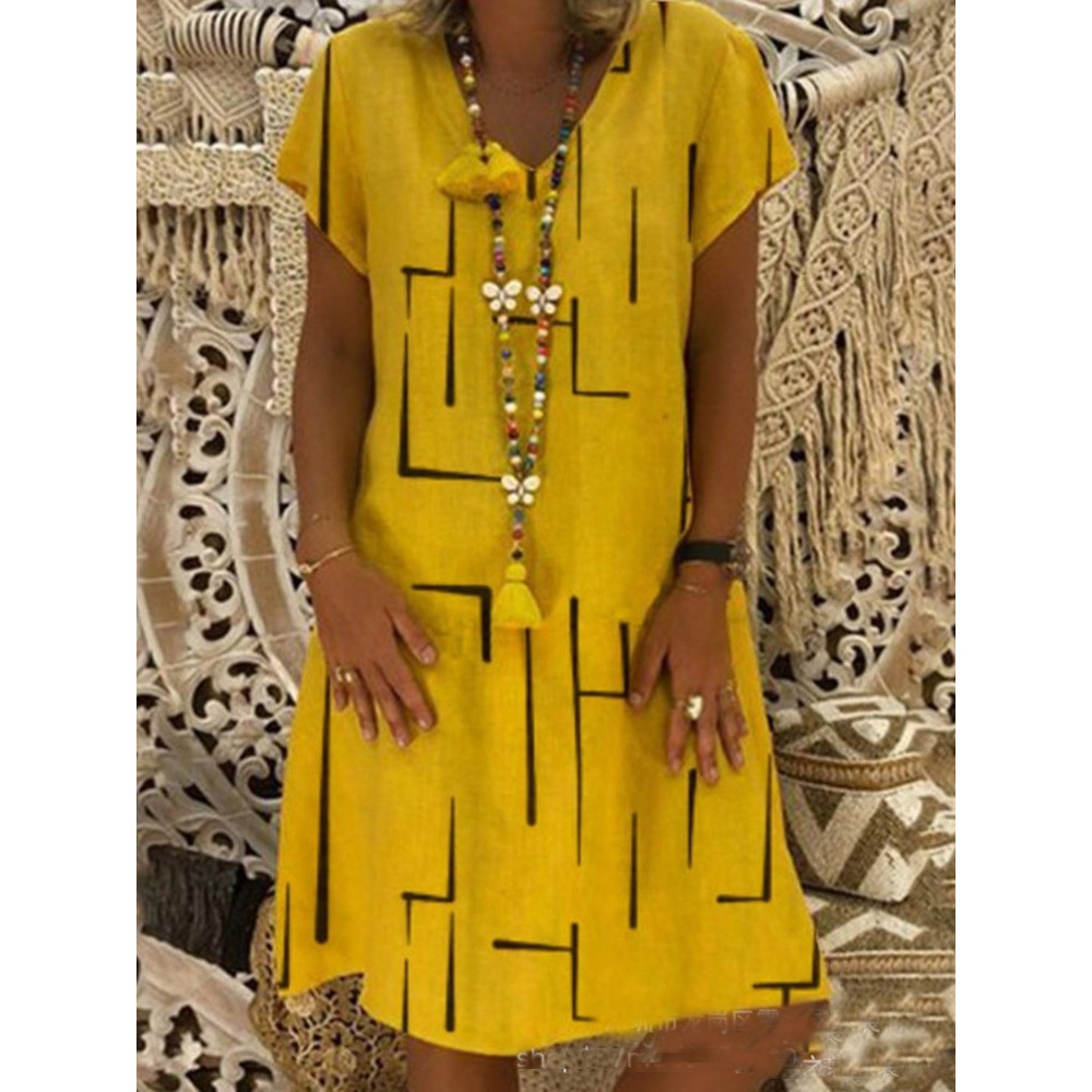 Geometric Pattern V Neck A Line Midi Dress