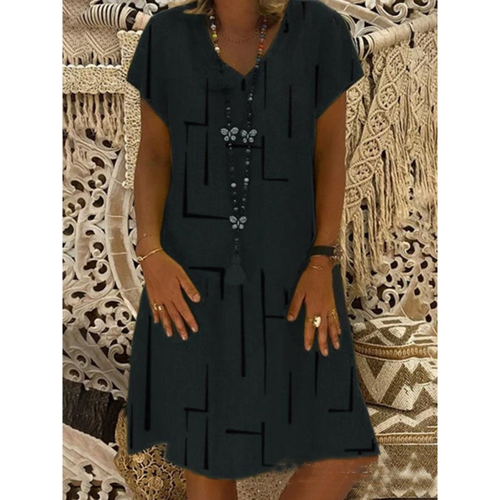 Geometric Pattern V Neck A Line Midi Dress