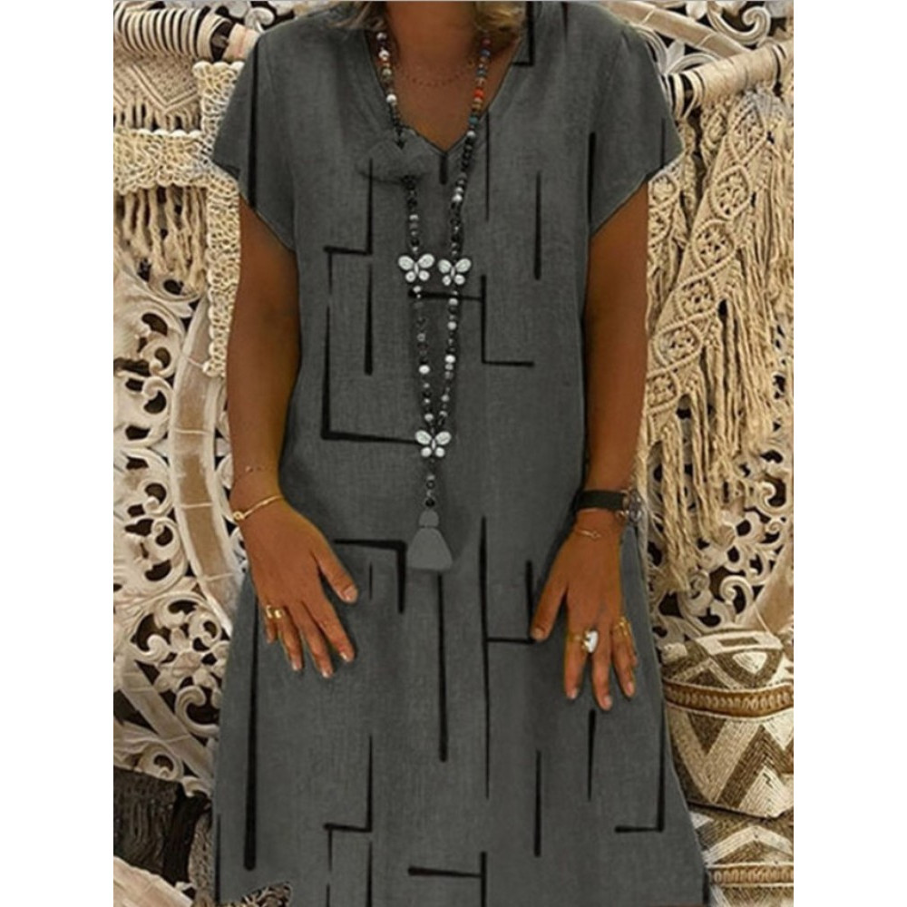 Geometric Pattern V Neck A Line Midi Dress