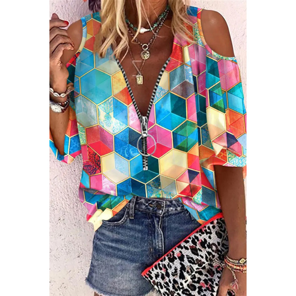 Geometric Print Off-The-Shoulder T-Shirt