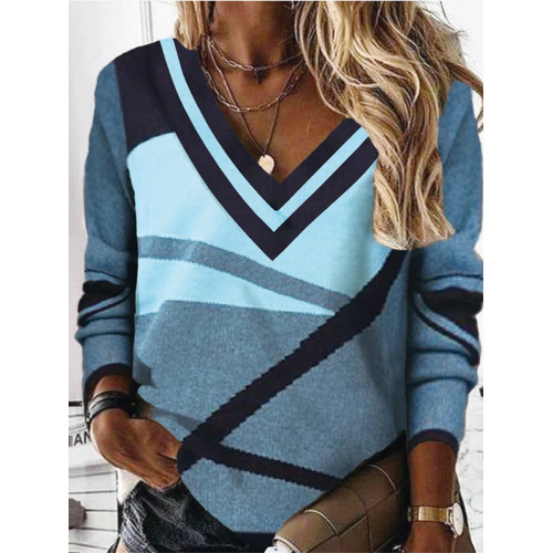 Geometric Print V-Neck Casual Sweatshirt
