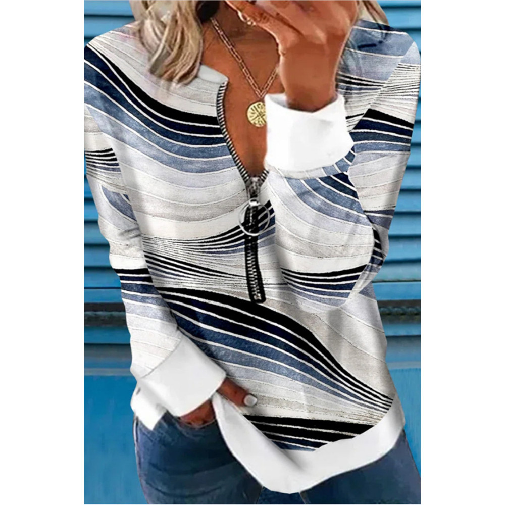 Geometric Print Zip Long Sleeve Casual Sweatshirt