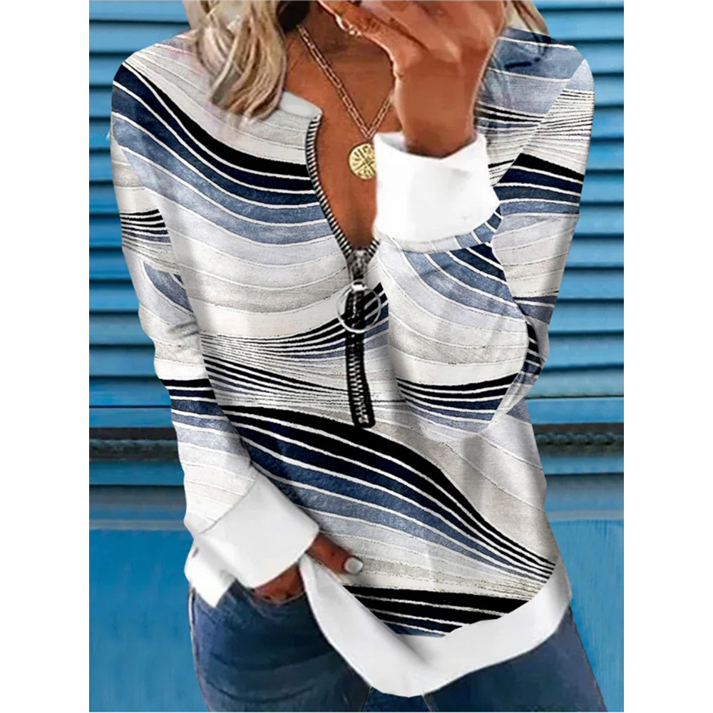Geometric Print Zip Long Sleeve Casual Sweatshirt