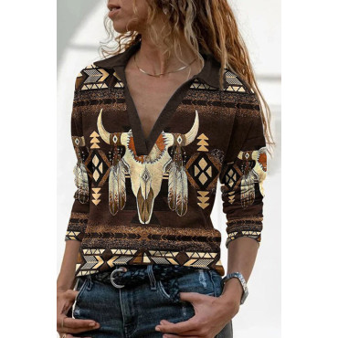 Geometric Tribal Animal Print V-Neck Long Sleeve T-Shirt
