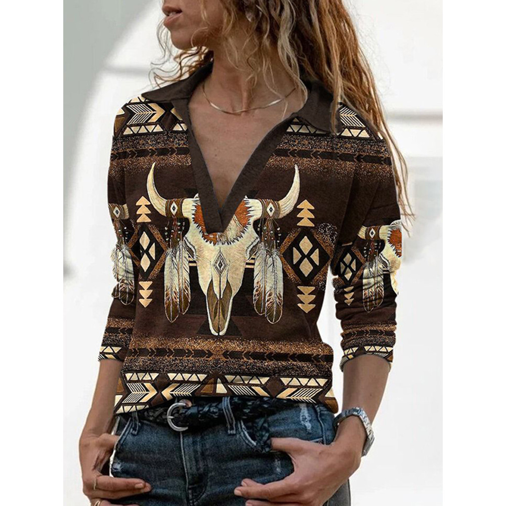 Geometric Tribal Animal Print V-Neck Long Sleeve T-Shirt