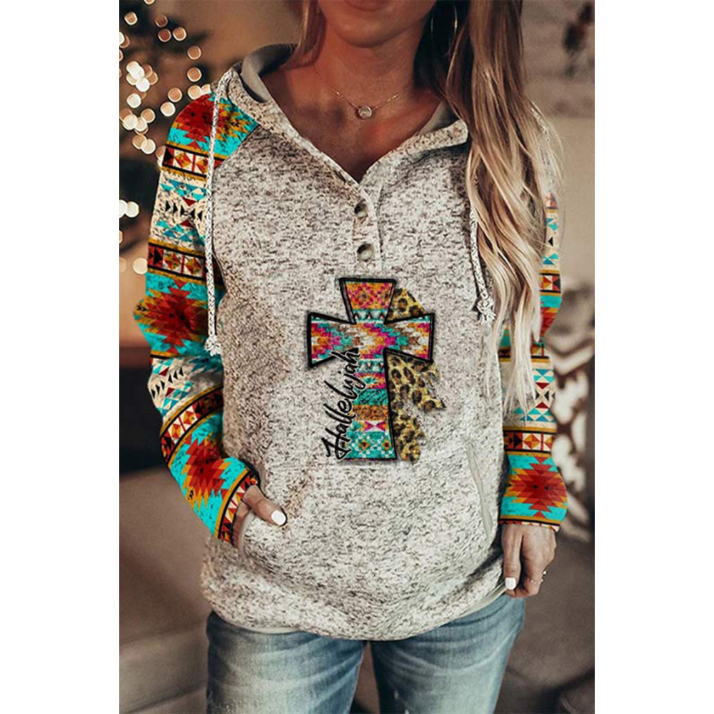Geometric Tribal Print Color Block Long Sleeve Sweatshirt