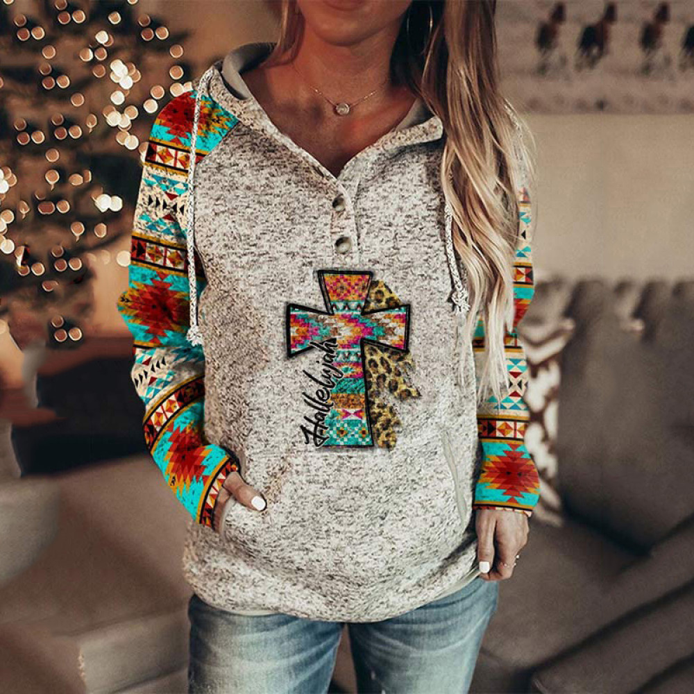 Geometric Tribal Print Color Block Long Sleeve Sweatshirt