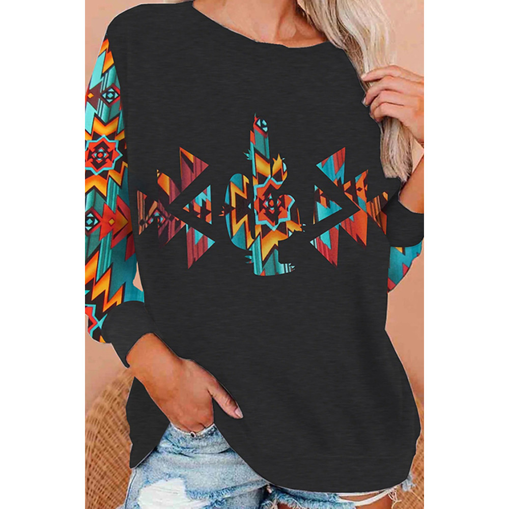 Geometric Tribal Print Color Block Long Sleeve Sweatshirt