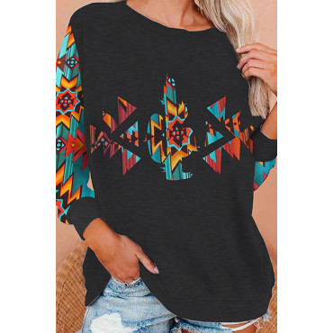 Geometric Tribal Print Color Block Long Sleeve Sweatshirt