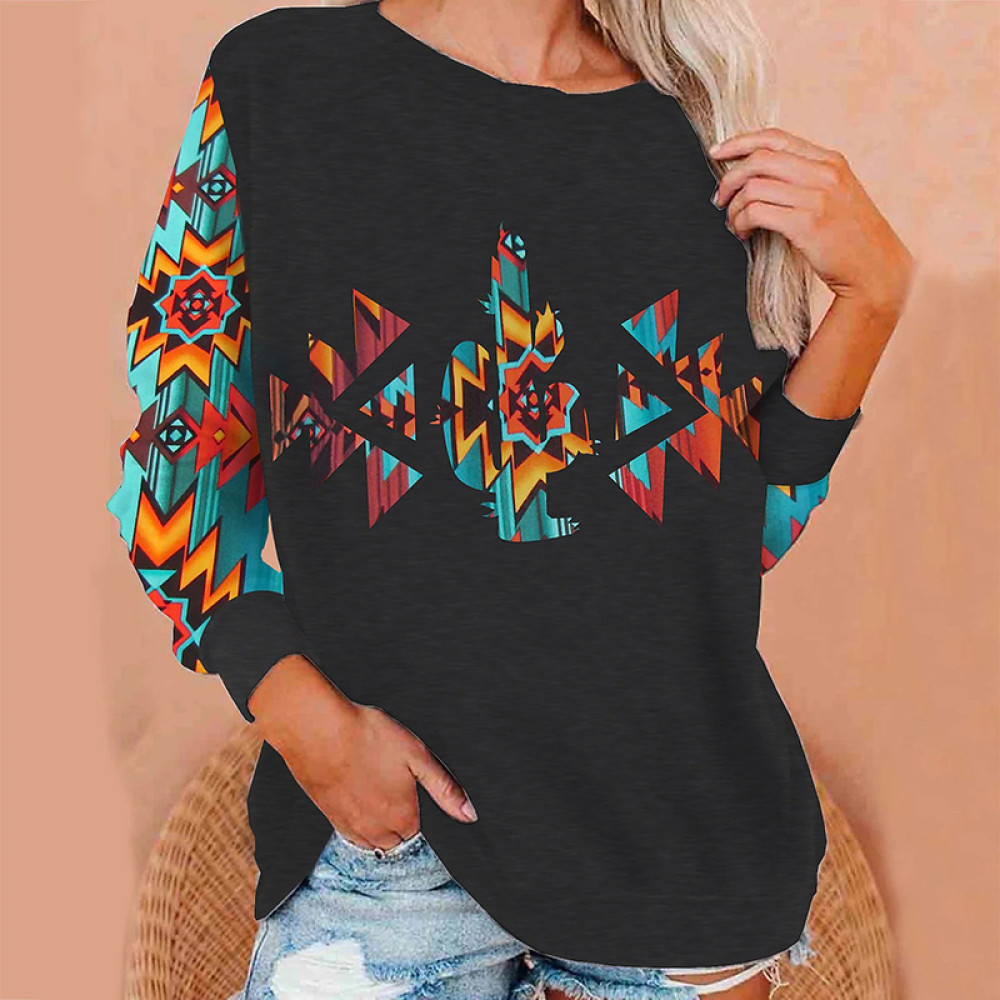 Geometric Tribal Print Color Block Long Sleeve Sweatshirt