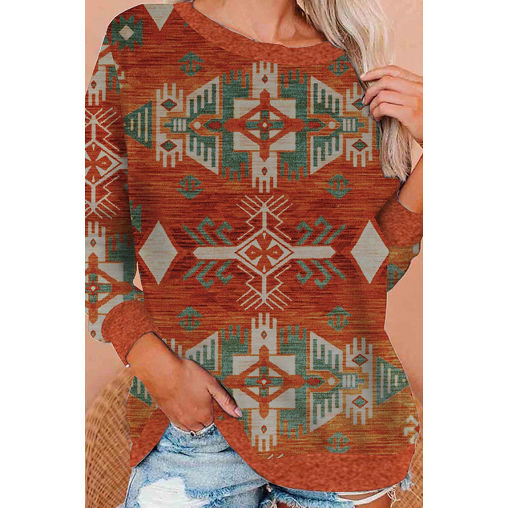 Geometric Tribal Print Color Block Long Sleeve Sweatshirt