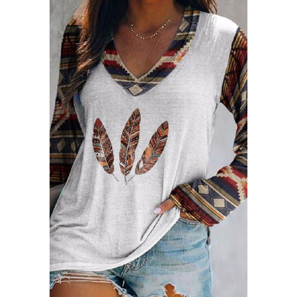 Geometric Tribal Print Color Block Long Sleeve T-Shirt