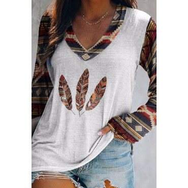 Geometric Tribal Print Color Block Long Sleeve T-Shirt