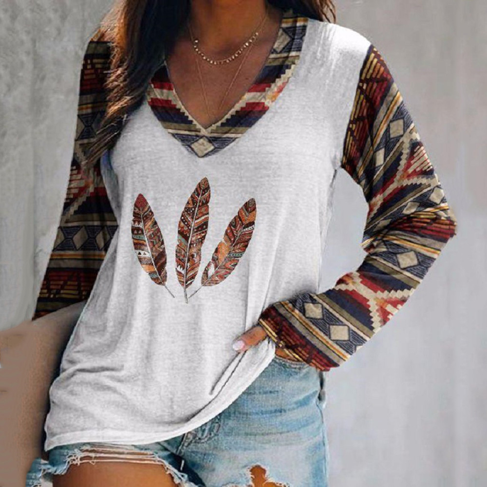 Geometric Tribal Print Color Block Long Sleeve T-Shirt