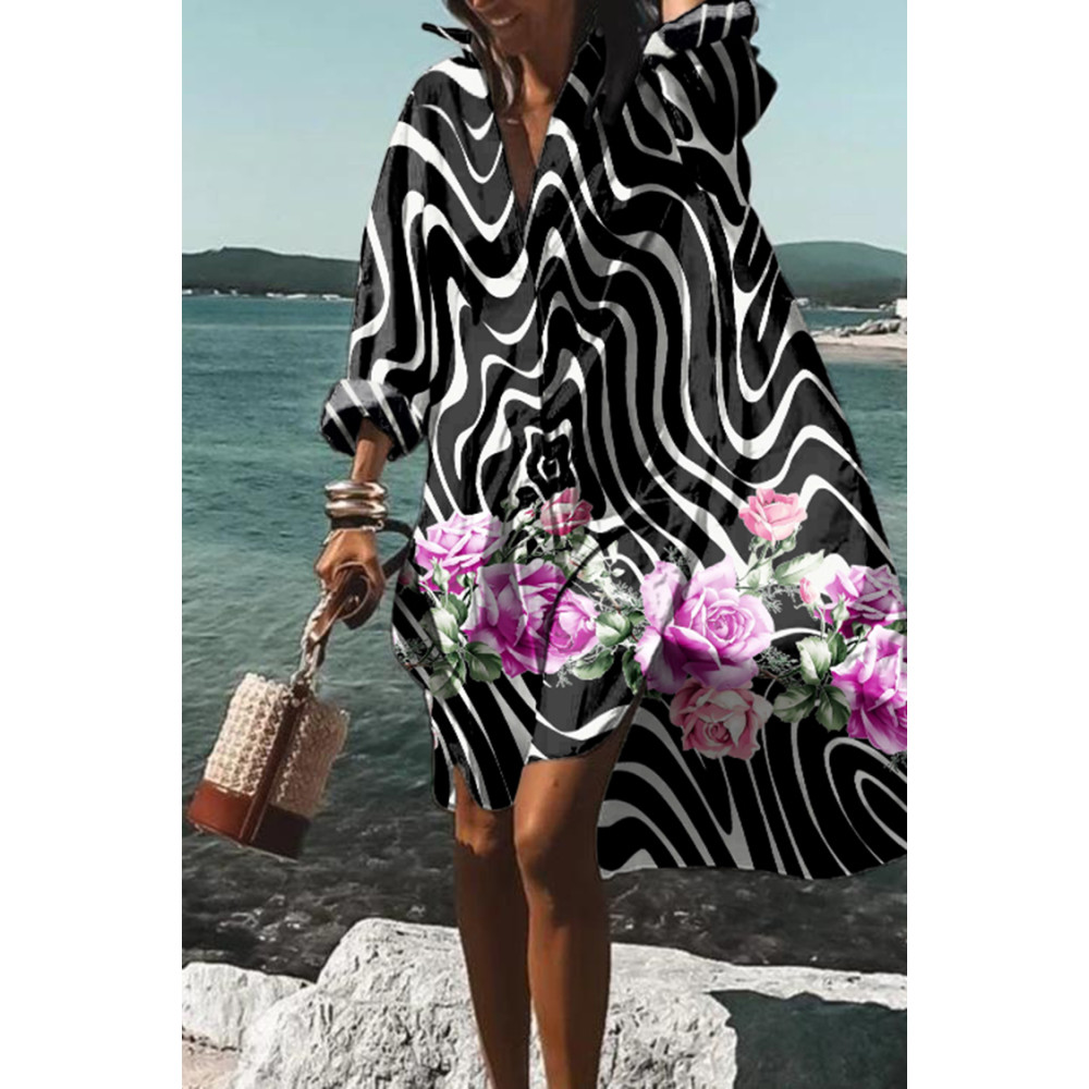 Geometric Wave Floral Print Casual Midi Dress