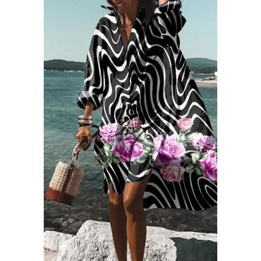 Geometric Wave Floral Print Casual Midi Dress
