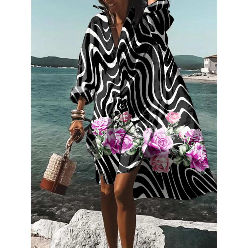 Geometric Wave Floral Print Casual Midi Dress