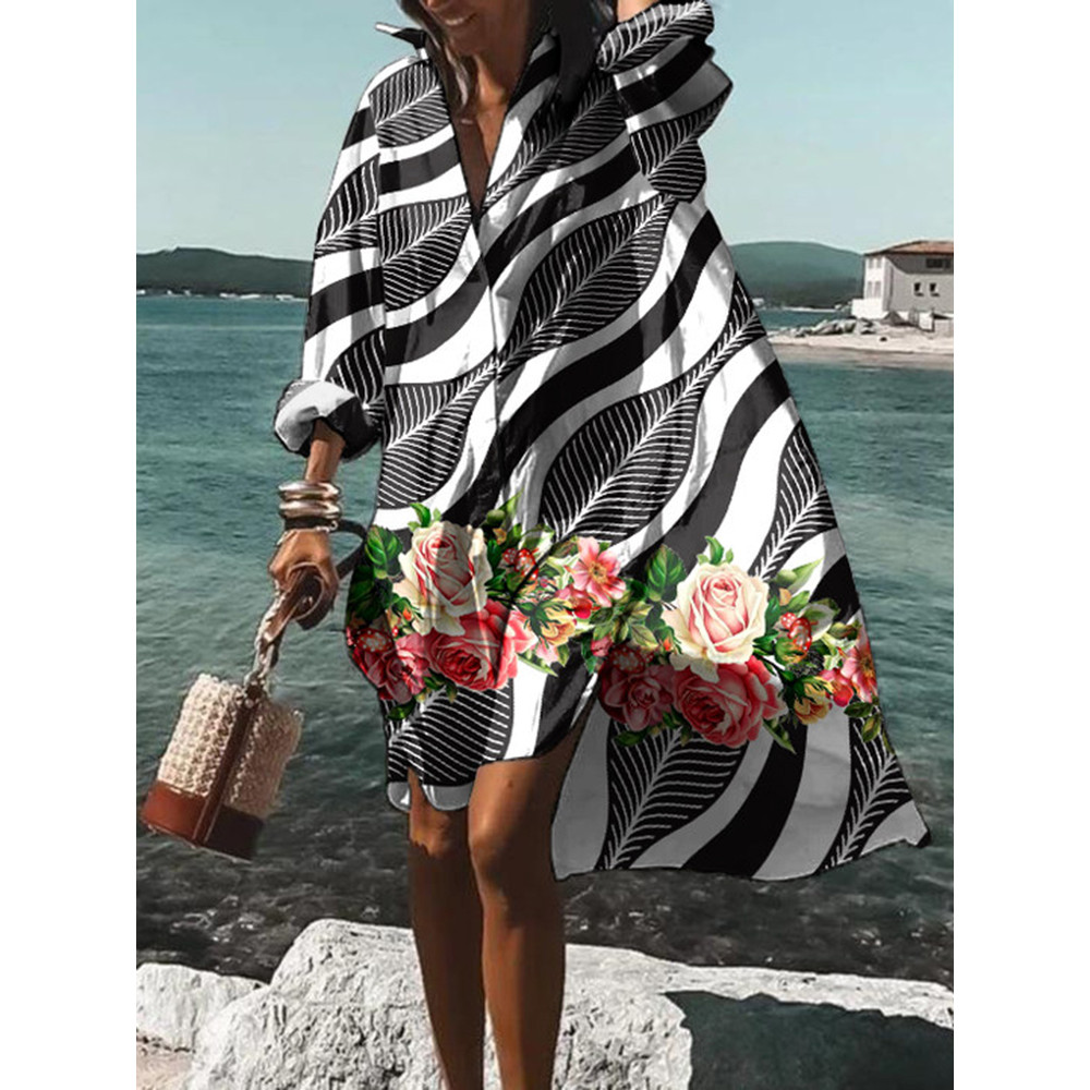 Geometric Wavy Floral Print Midi Dress