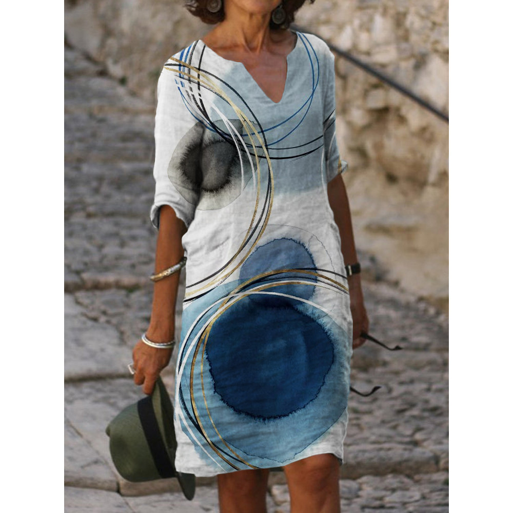 Indigo Watercolor Art Notch Neck Midi Dress