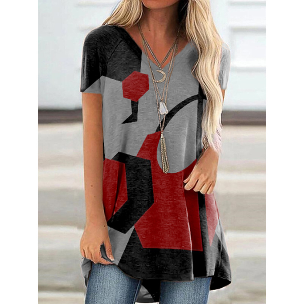 Irregular Geometric Color Block V-Neck Short Sleeve Tunic