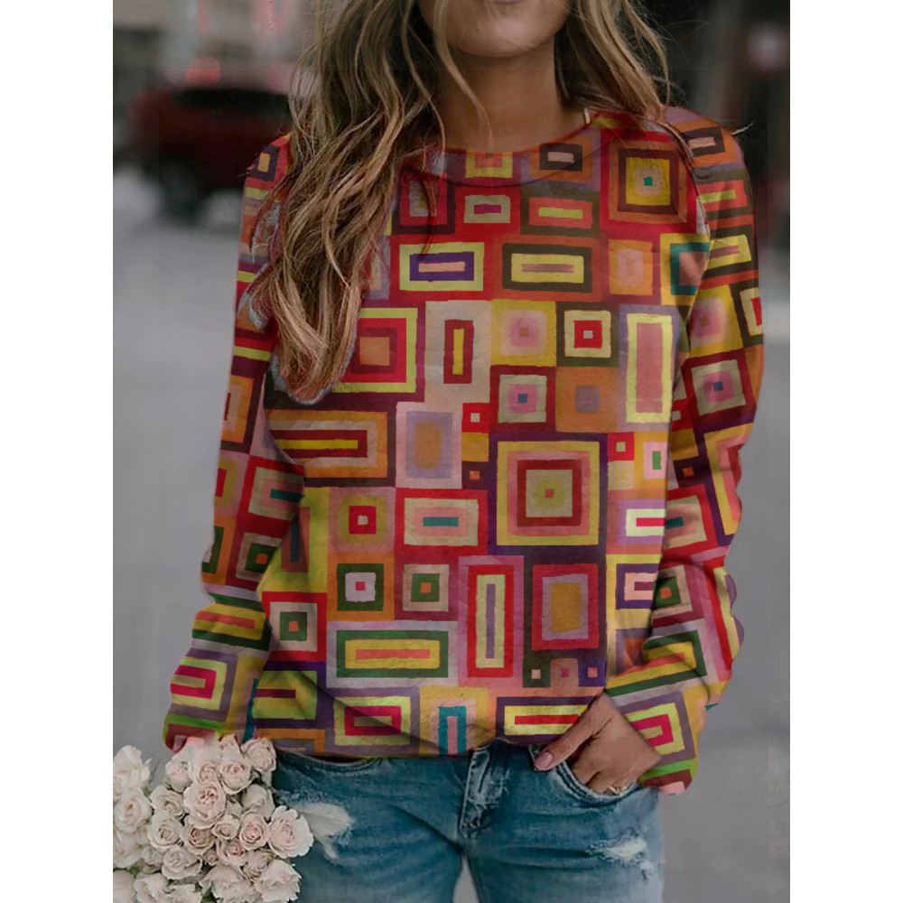 Irregular Geometric Print Long Sleeve Pullover
