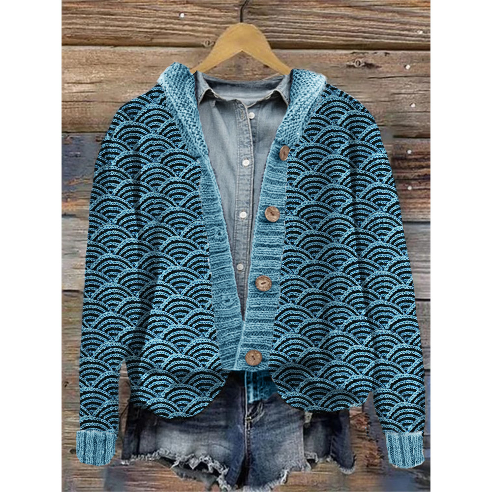 Japanese Sea Waves Inspired Knit Art Hooded Cardigan